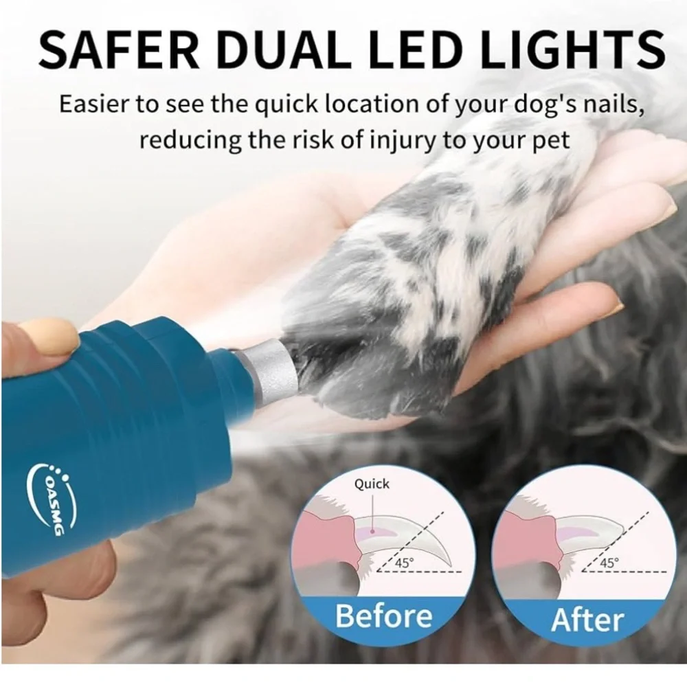 Professional 3-Speed Dog Nail Trimmers - Rechargeable with LED Lights (Blue)